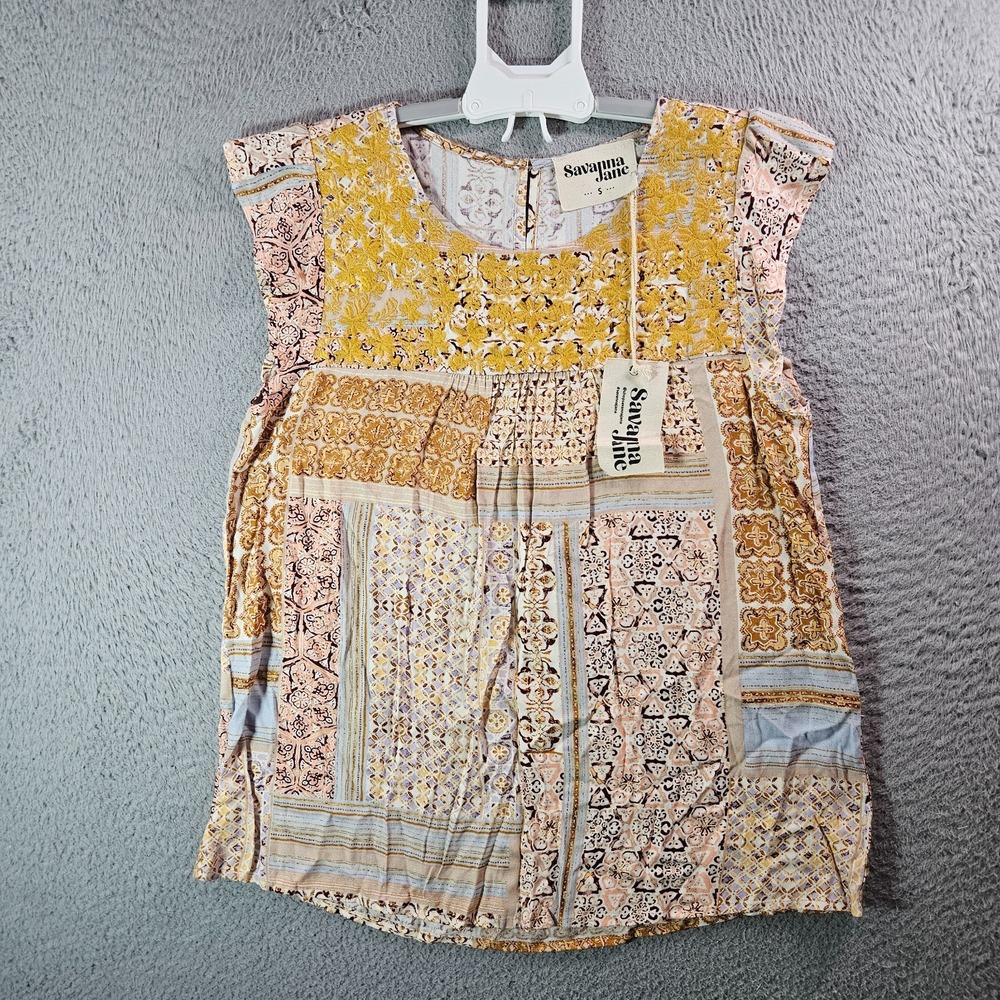NEW Savanna Jane Cottoncore Embroidered Top Women Small Floral Yellow Brown Tone
